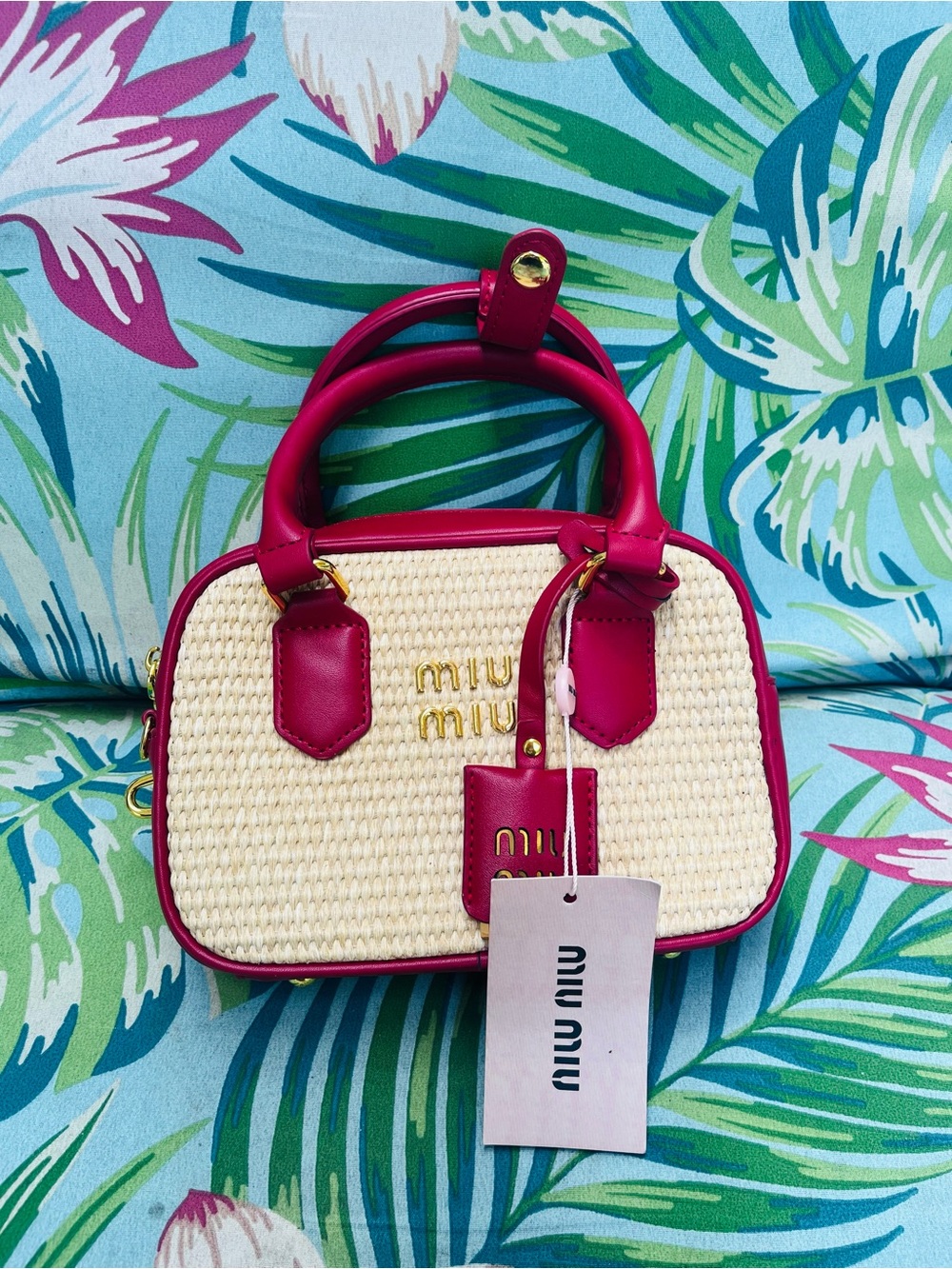 Miu Miu Cream Woven Mini Satchel with Pink Trim - Picture 1 of 5